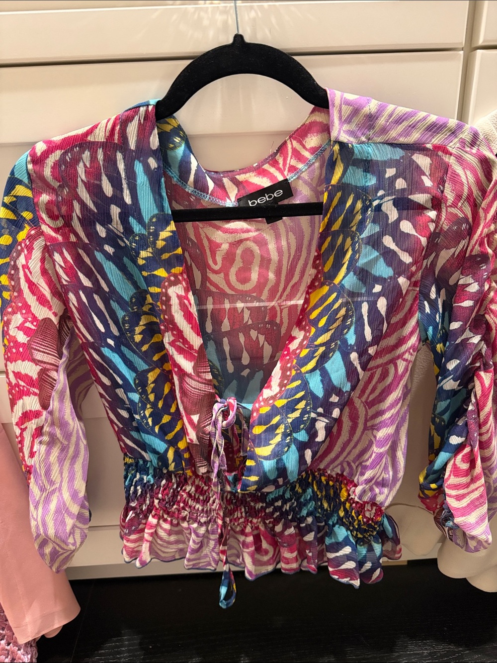 bebe Multicolor Printed Tie-Front Blouse - Pink, Blue & Yellow
